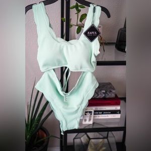 ZAFUL High Waisted Swimsuits for Women Scalloped Bikini Sets Back Lace-Up